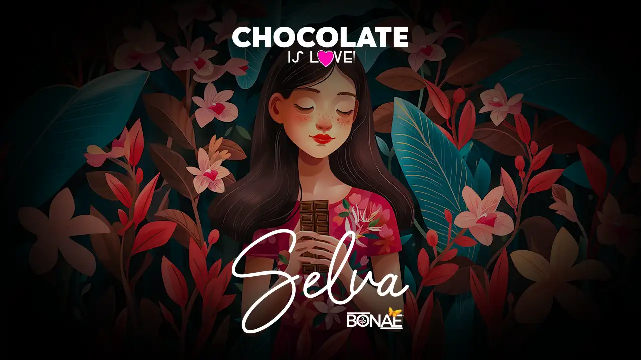 Chocolate Selva Bonae Mujer sosteniendo una barra de chocolate.